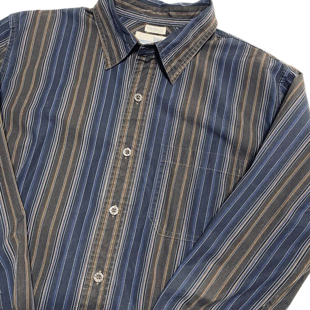 BKE The Buckle M Contour Fit Button Up Shirt Skater VTG Striped Brown Blue Y2K